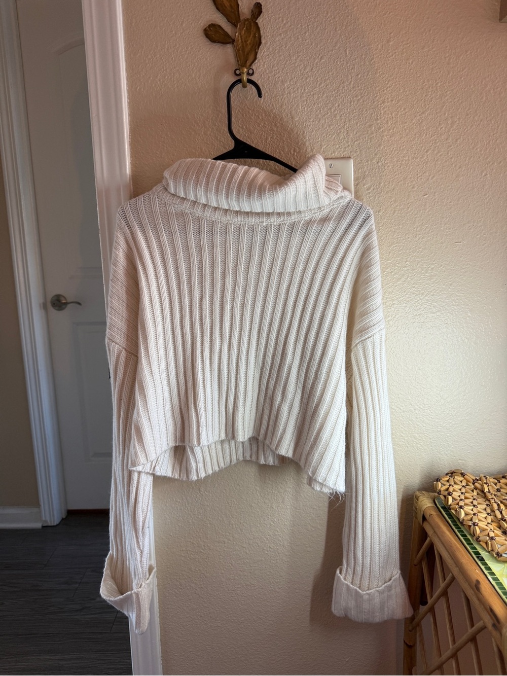Cropped Cream Ribbed Turtleneck Sweater - Women